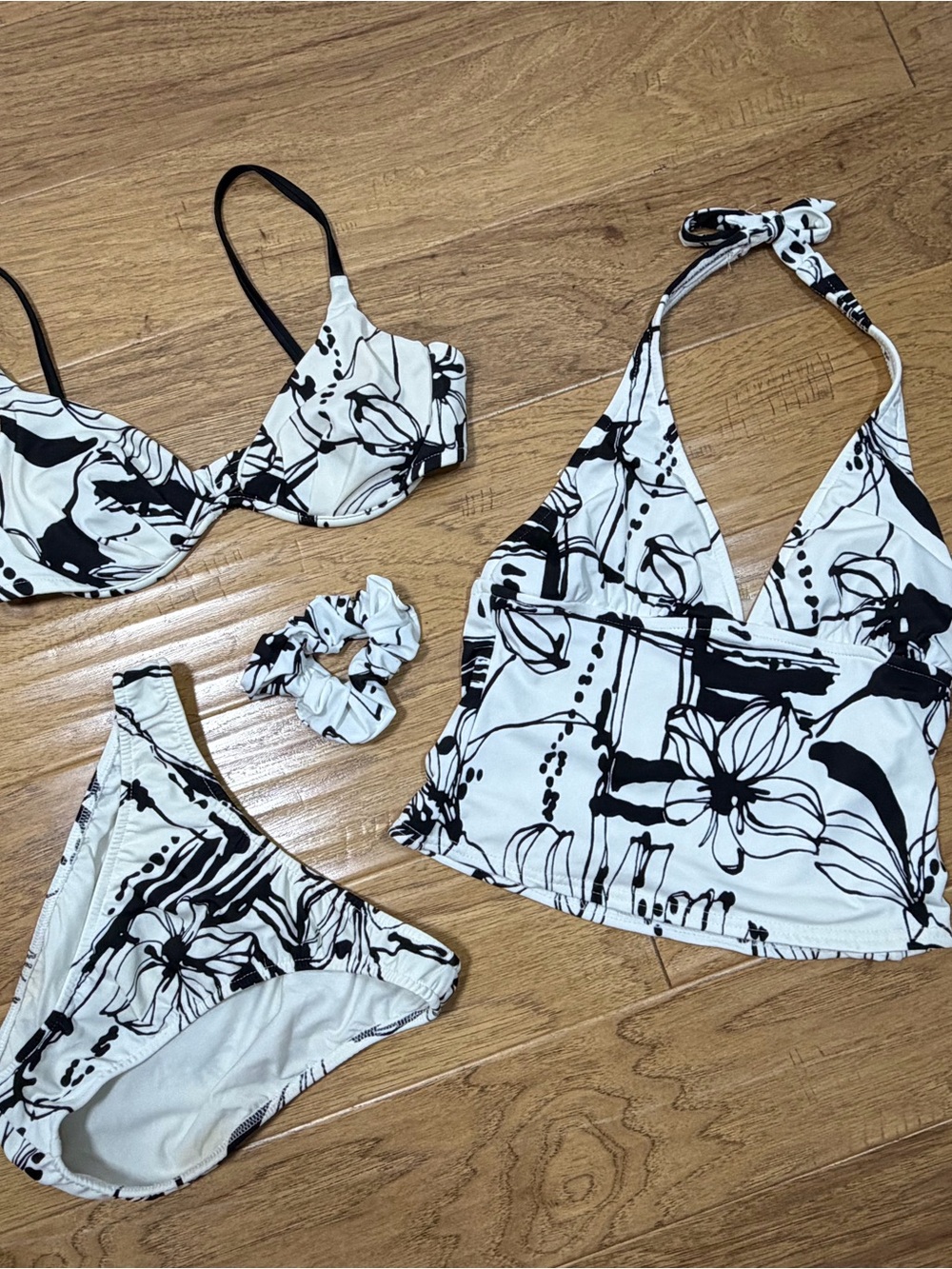 Venus Black & White Tankini Bikini Set - Top, Bottom, Tankini, & Scrunchie